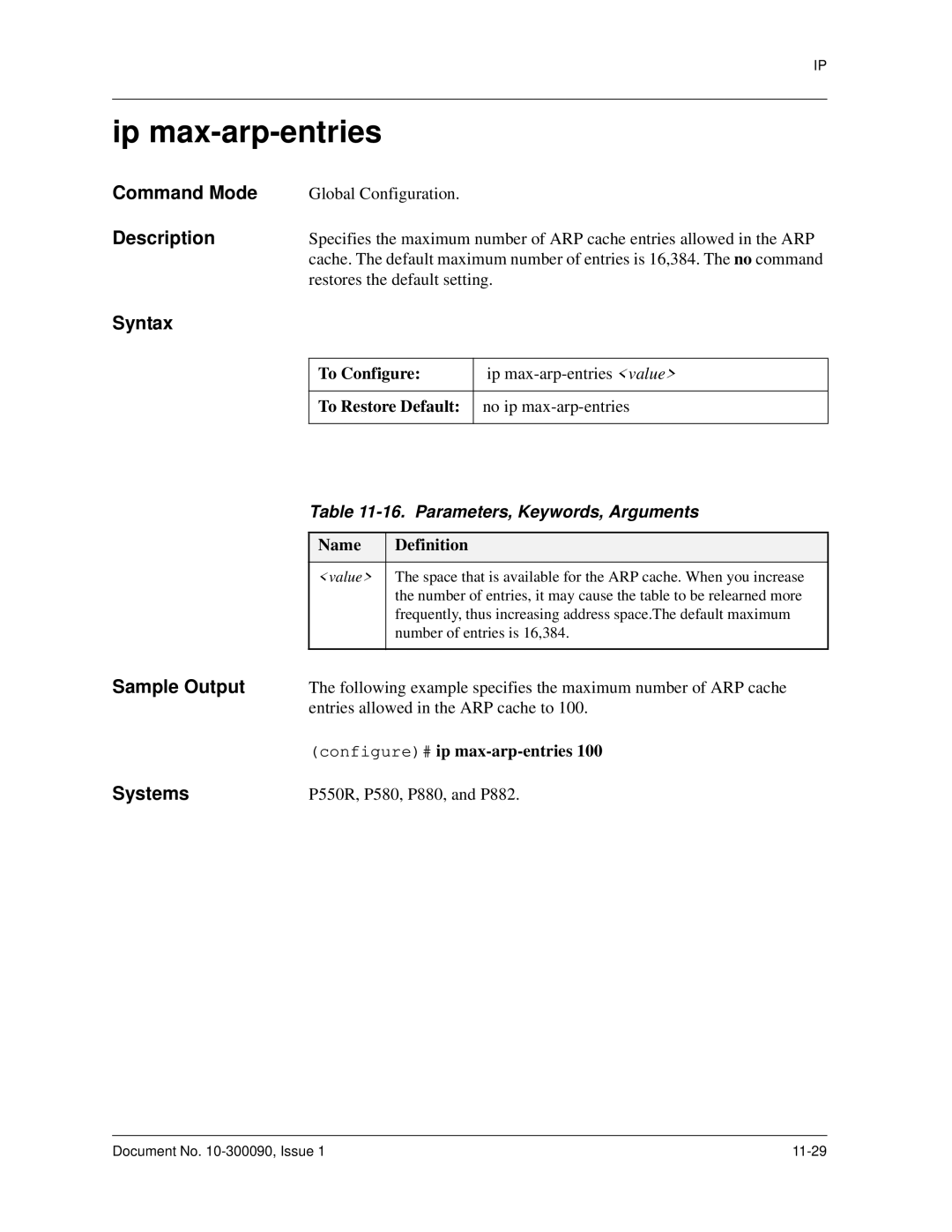 Avaya 106760804 manual Ip max-arp-entries, Parameters, Keywords, Arguments 