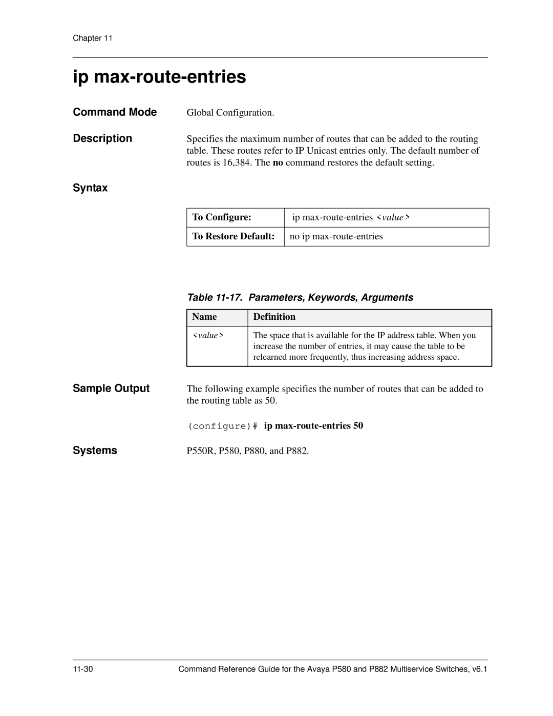 Avaya 106760804 manual Ip max-route-entries, Routing table as, Configure# ip max-route-entries 