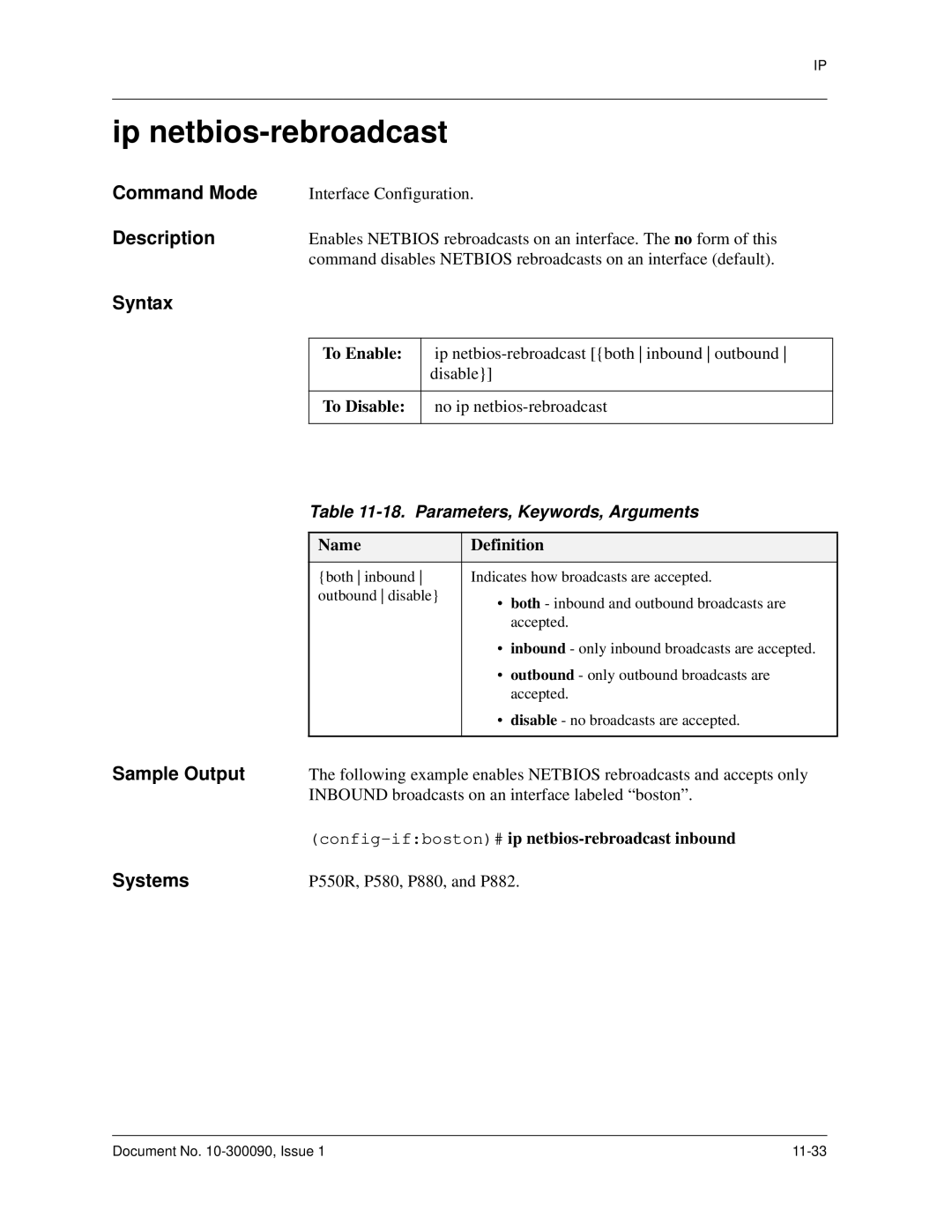 Avaya 106760804 manual Ip netbios-rebroadcast, Parameters, Keywords, Arguments 