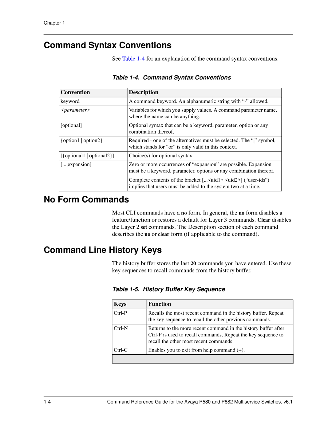 Avaya 106760804 Command Syntax Conventions, Convention Description, History Buffer Key Sequence, Keys Function, Parameter 