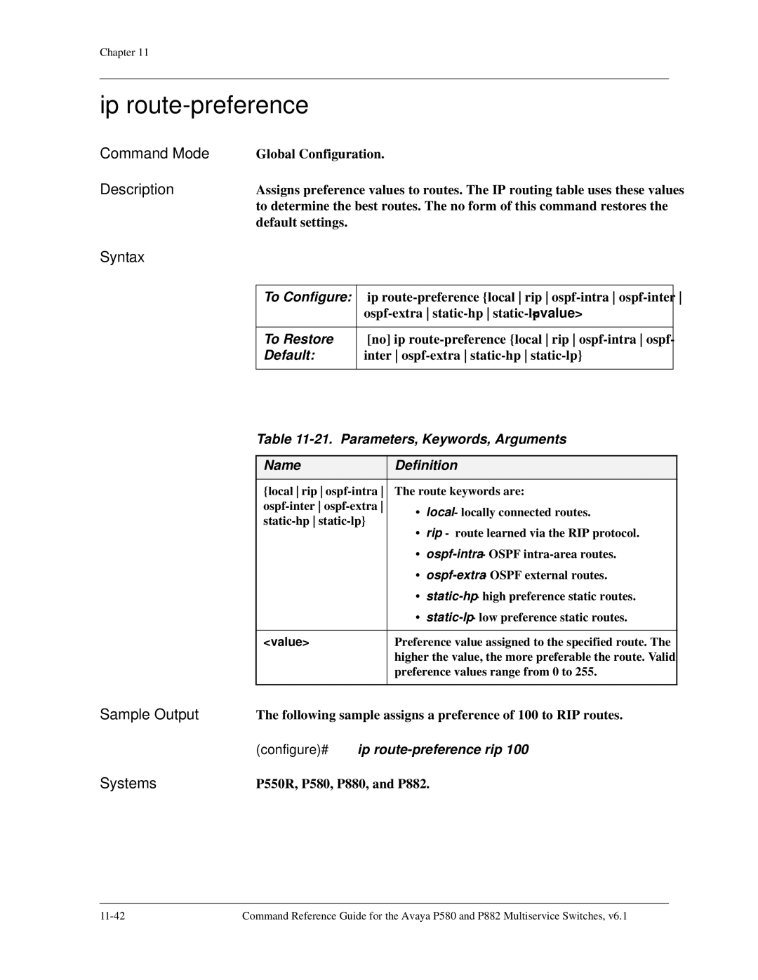 Avaya 106760804 manual Ip route-preference, Configure# ip route-preference rip 