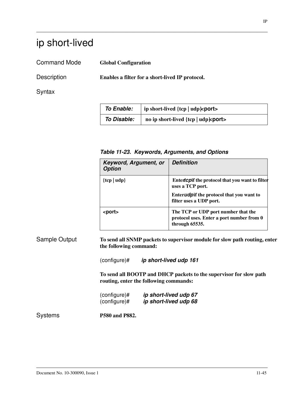 Avaya 106760804 Ip short-lived, Keywords, Arguments, and Options, Keyword, Argument, or Definition Option, P580 and P882 