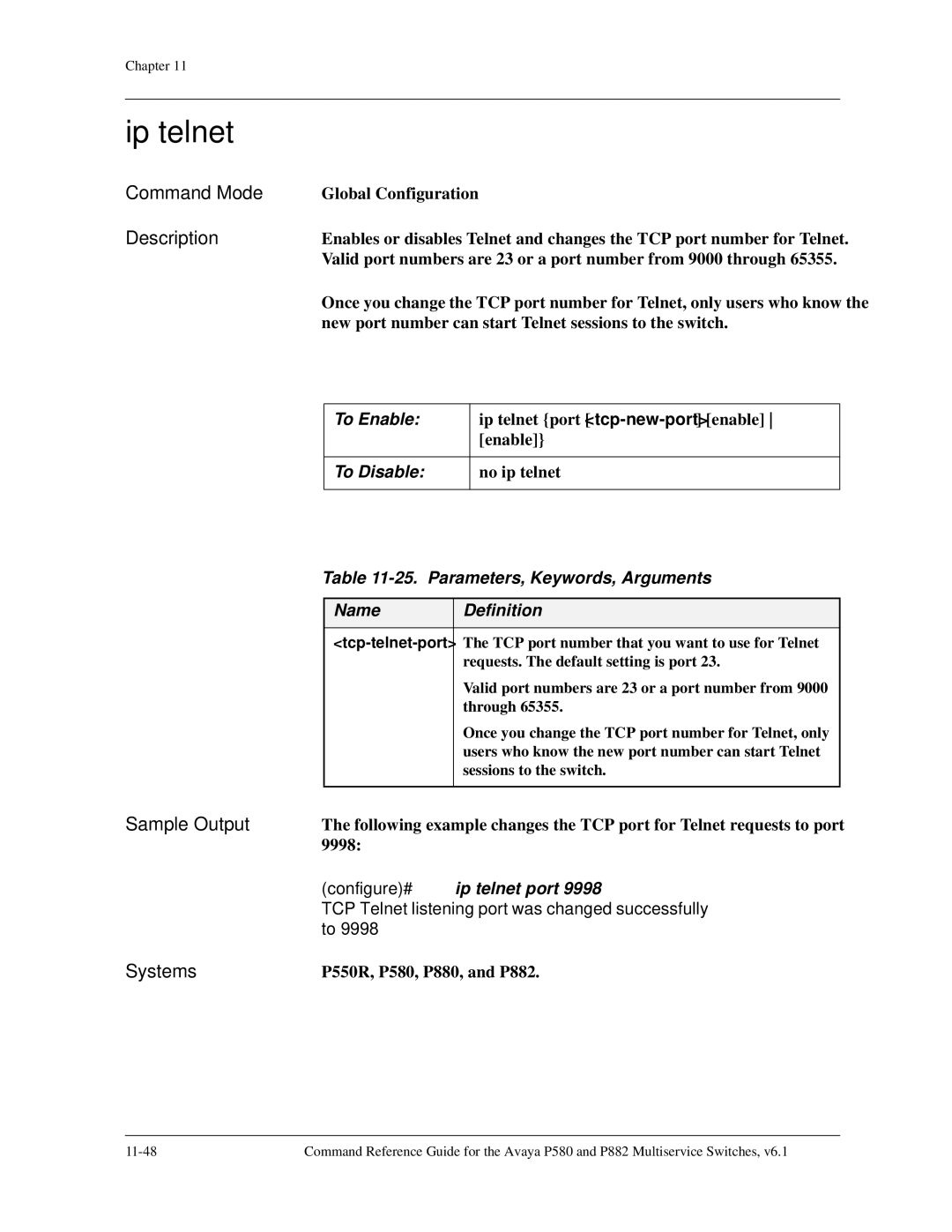 Avaya 106760804 manual Ip telnet, Parameters, Keywords, Arguments, Configure# ip telnet port 