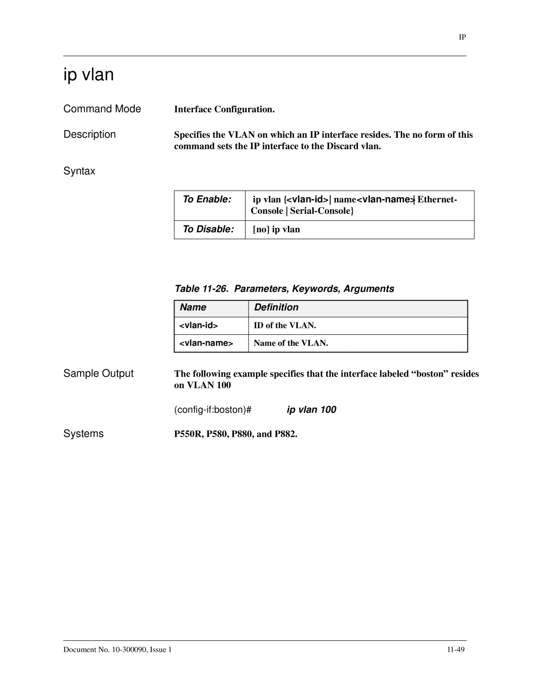 Avaya 106760804 manual Ip vlan, Parameters, Keywords, Arguments, Vlan-id ID of the Vlan Vlan-name Name of the Vlan 