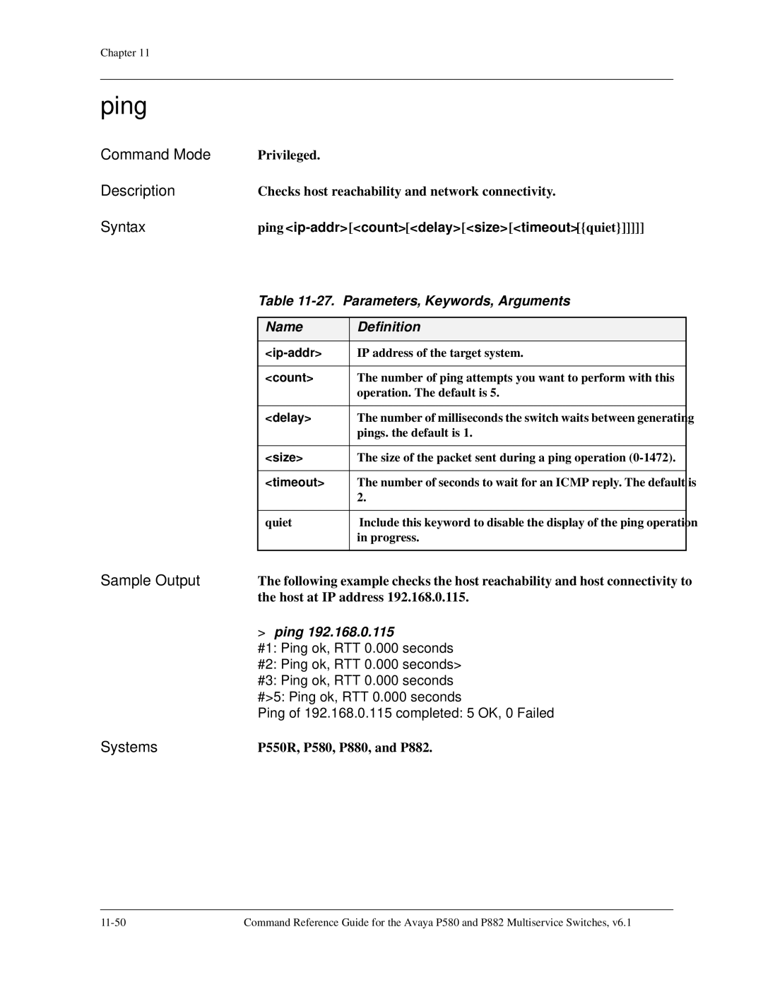 Avaya 106760804 manual Ping, Parameters, Keywords, Arguments 