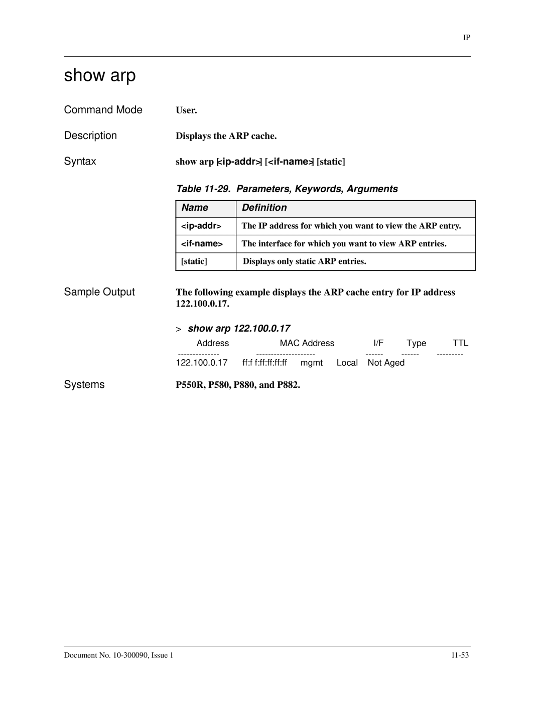 Avaya 106760804 manual Show arp, Parameters, Keywords, Arguments, Ip-addr, If-name 