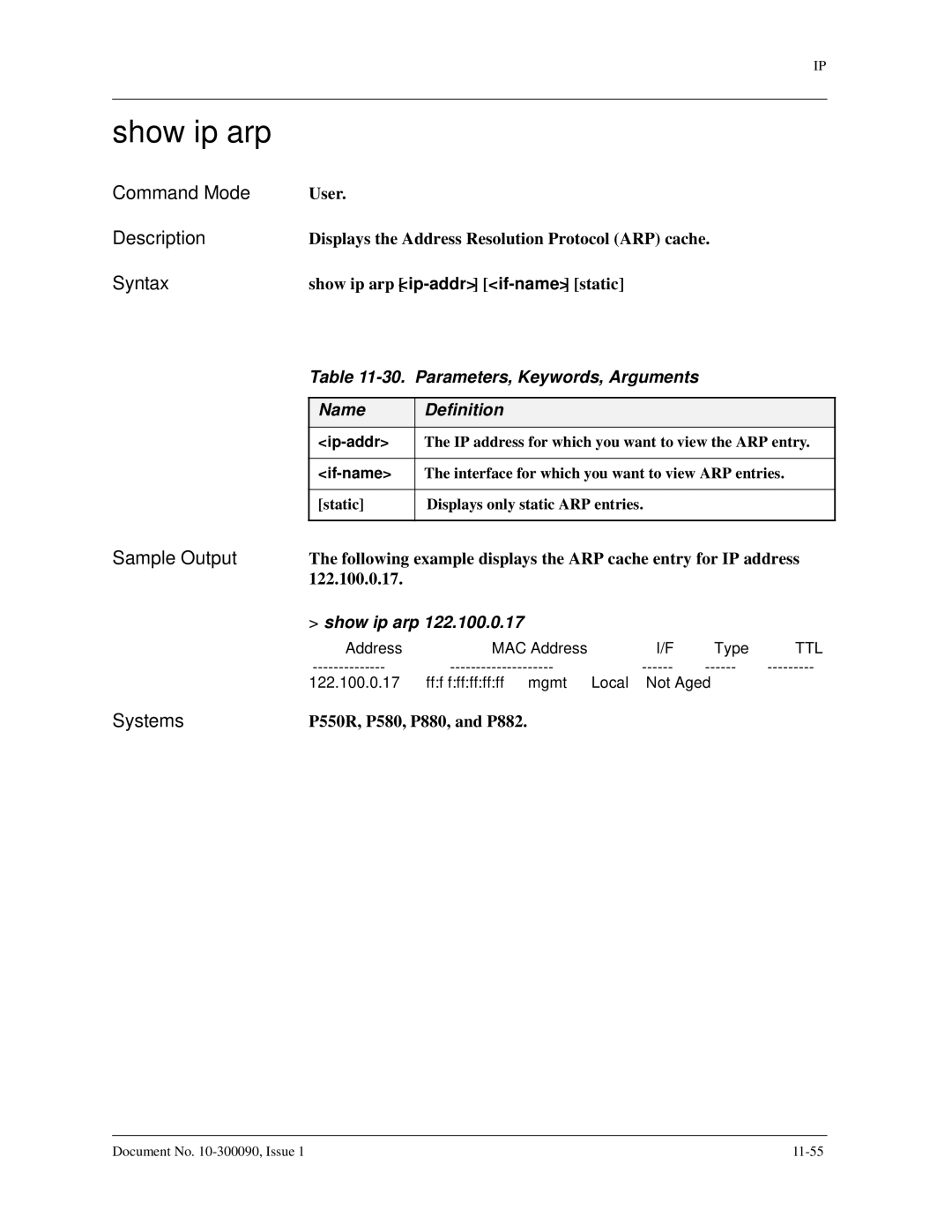 Avaya 106760804 manual Show ip arp, Parameters, Keywords, Arguments 