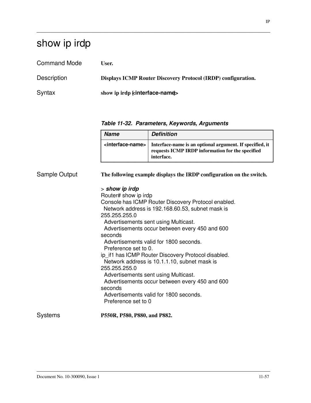 Avaya 106760804 manual Show ip irdp, Parameters, Keywords, Arguments 