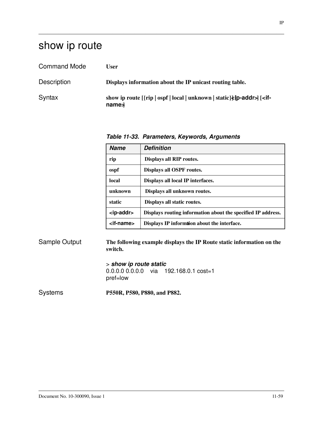 Avaya 106760804 manual Parameters, Keywords, Arguments, Show ip route static 