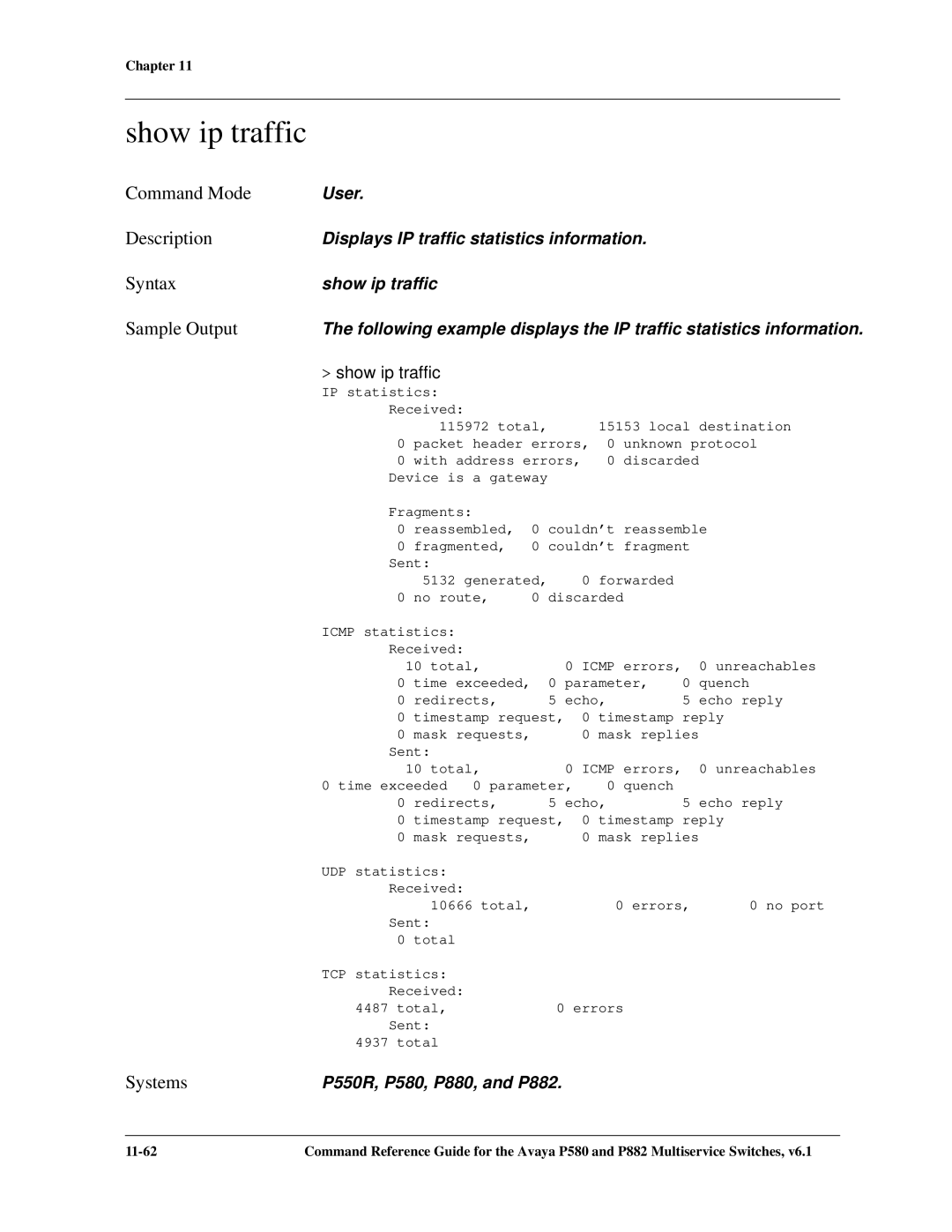 Avaya 106760804 manual Show ip traffic 