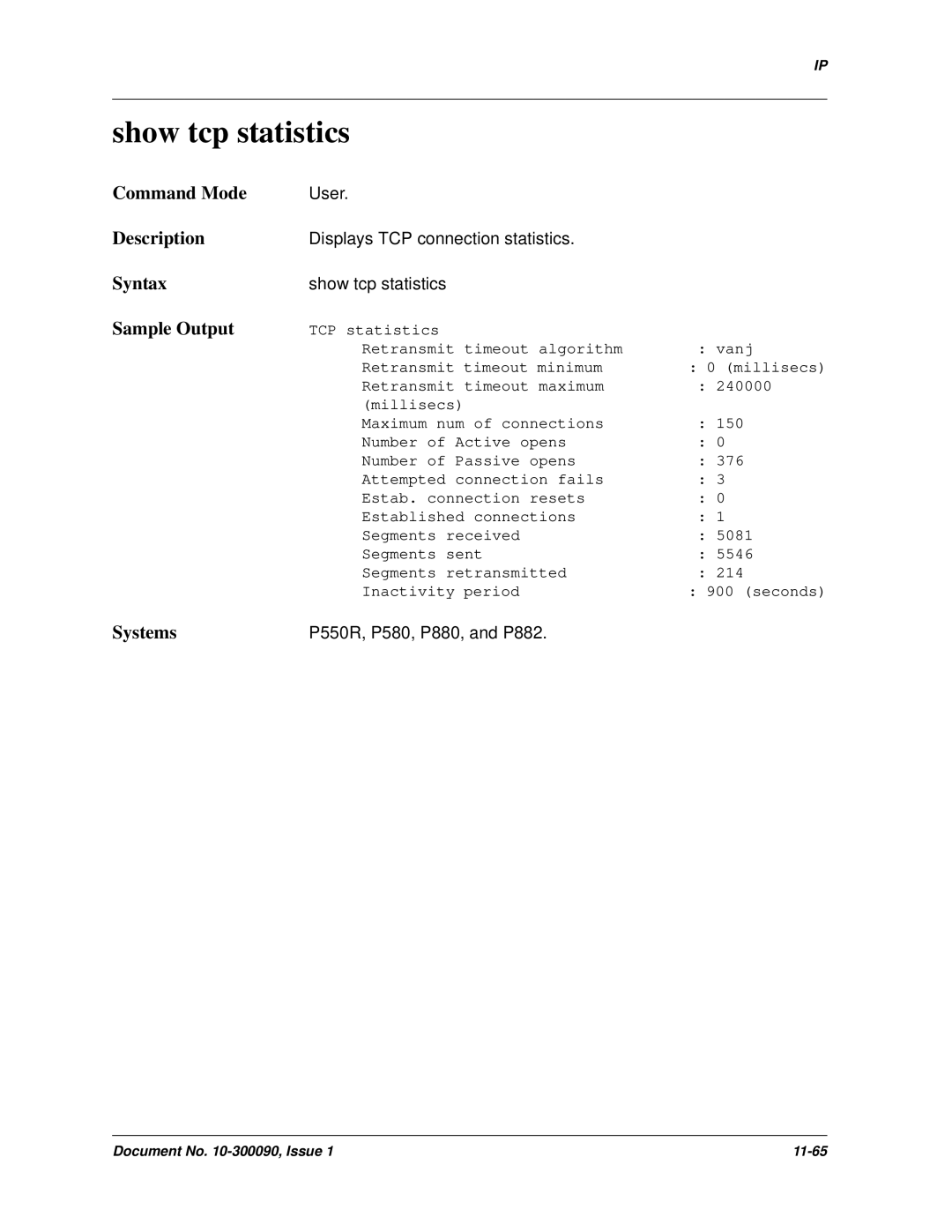 Avaya 106760804 manual Show tcp statistics, Displays TCP connection statistics 