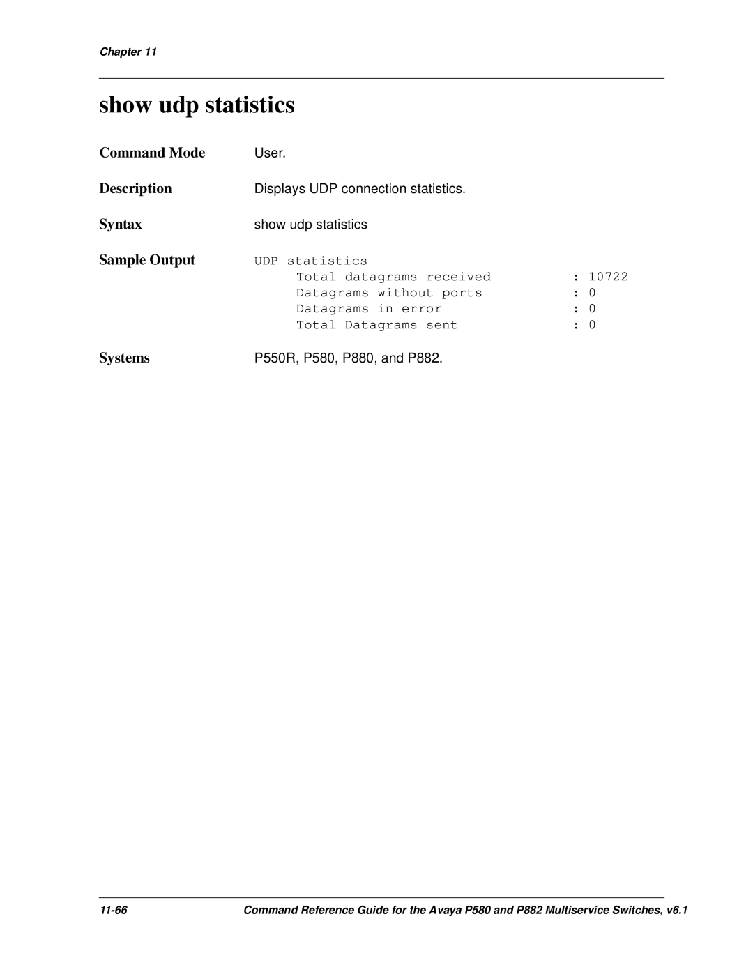 Avaya 106760804 manual Show udp statistics 