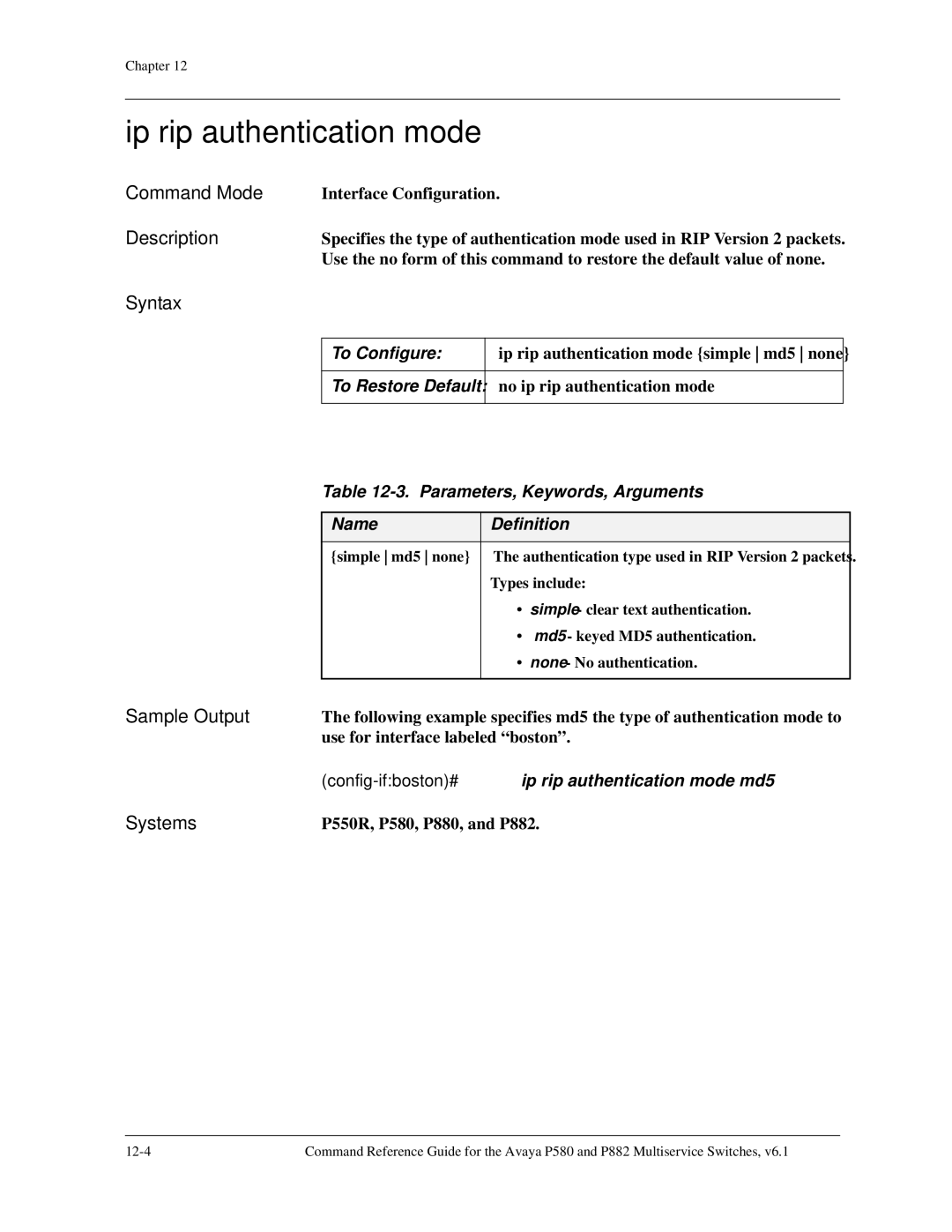 Avaya 106760804 manual Ip rip authentication mode 