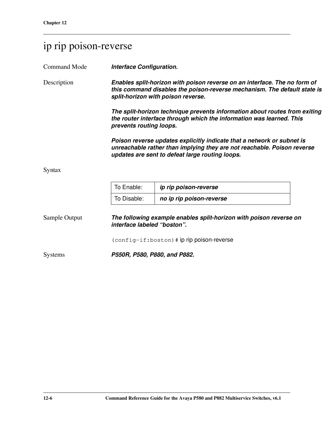 Avaya 106760804 manual Ip rip poison-reverse, Config-ifboston#ip rip poison-reverse 