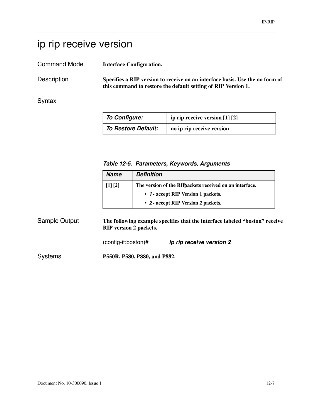 Avaya 106760804 manual Ip rip receive version, Config-ifboston#ip rip receive version 