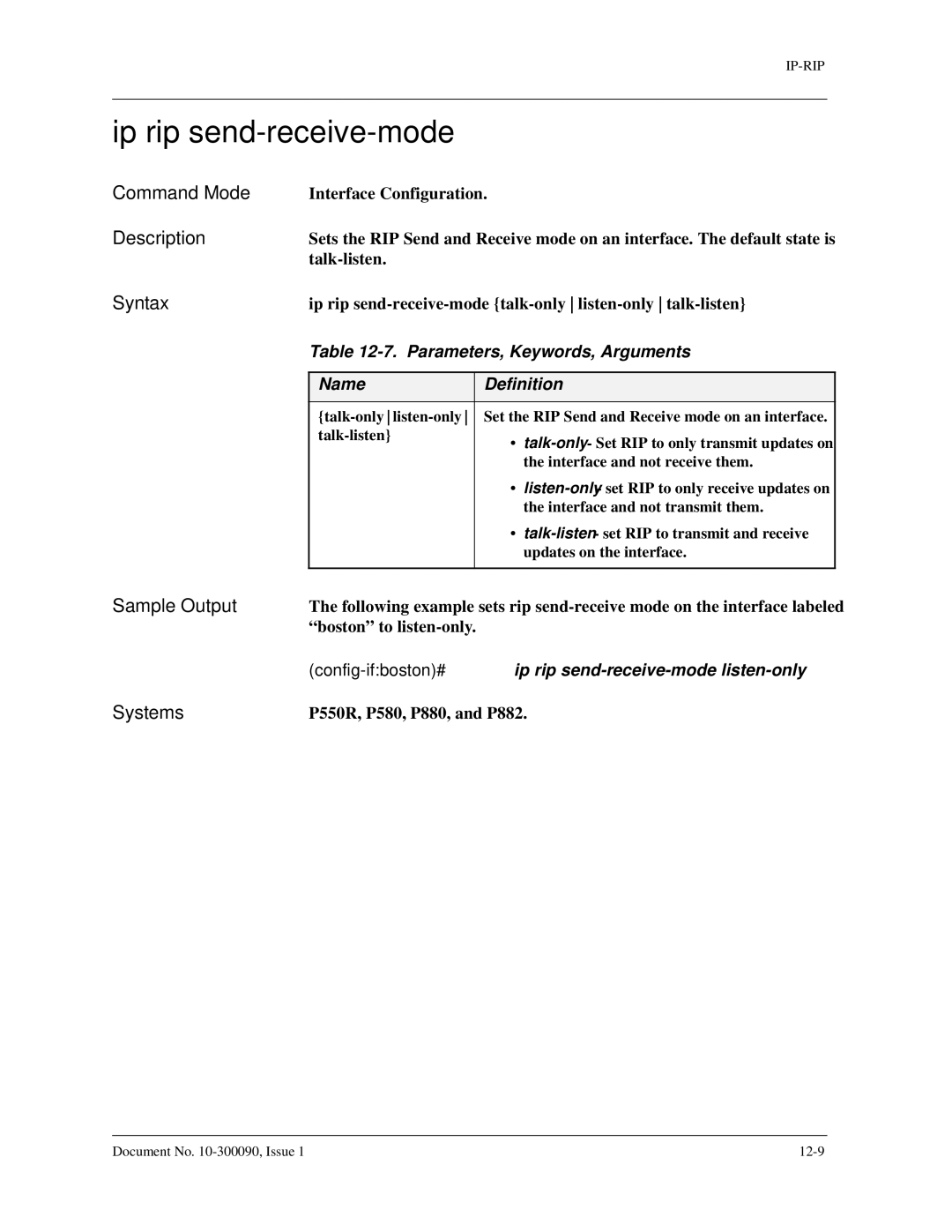 Avaya 106760804 manual Ip rip send-receive-mode, Config-ifboston#ip rip send-receive-mode listen-only 