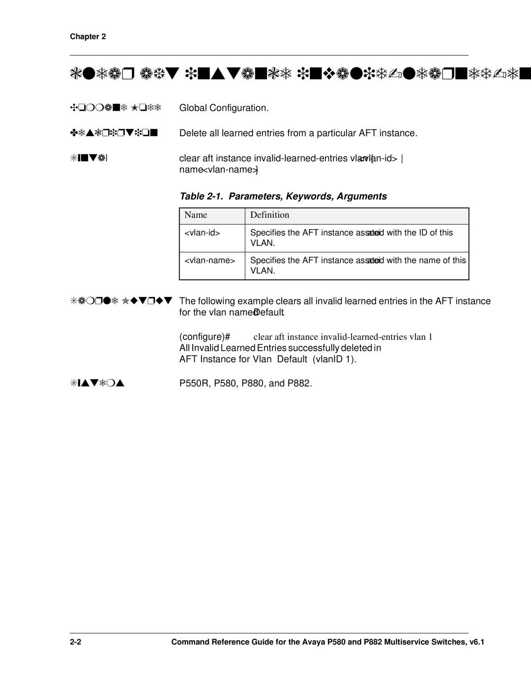 Avaya 106760804 manual Clear aft instance invalid-learned-entries vlan, Parameters, Keywords, Arguments, Name Definition 