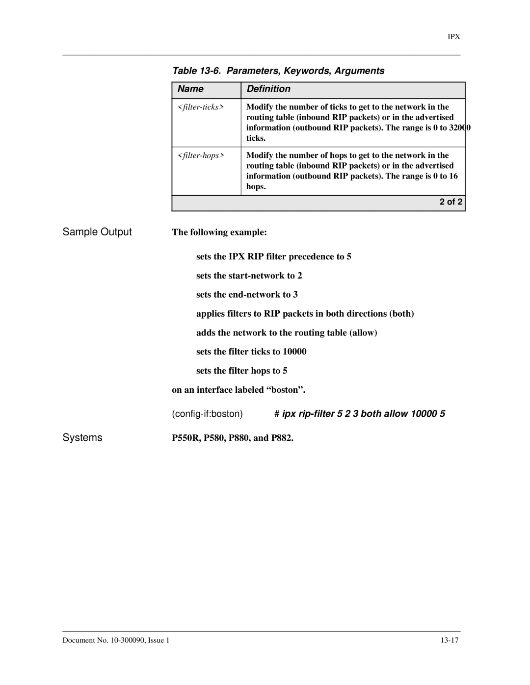 Avaya 106760804 manual Config-ifboston#ipx rip-filter 5 2 3 both allow 10000, Filter-ticks, Filter-hops 