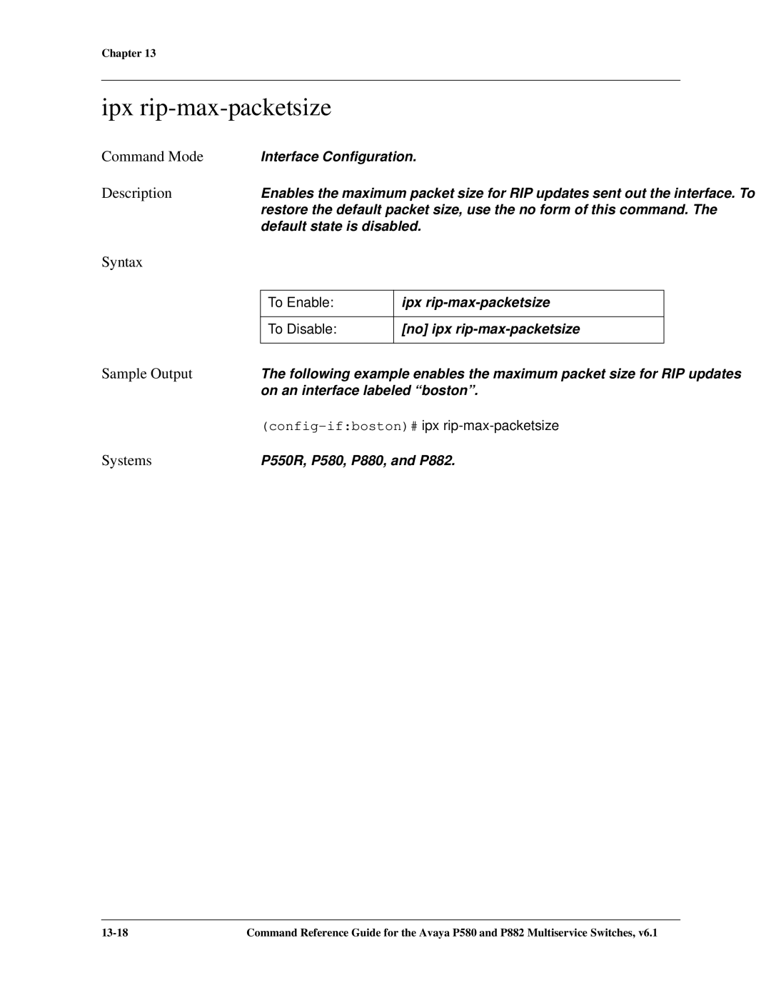 Avaya 106760804 manual Ipx rip-max-packetsize, Config-ifboston#ipx rip-max-packetsize 