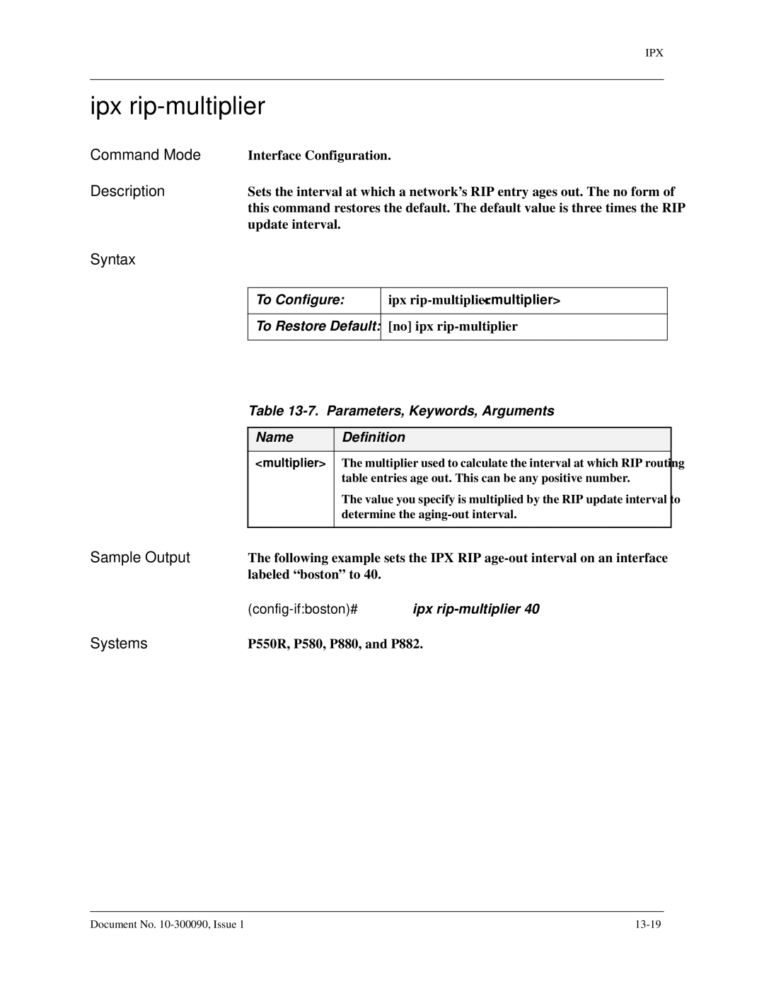 Avaya 106760804 manual Ipx rip-multiplier, To Configure 