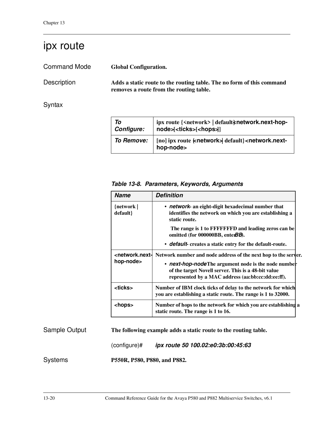 Avaya 106760804 manual Ipx route, Configure# ipx route 50 100.02e03b004563 