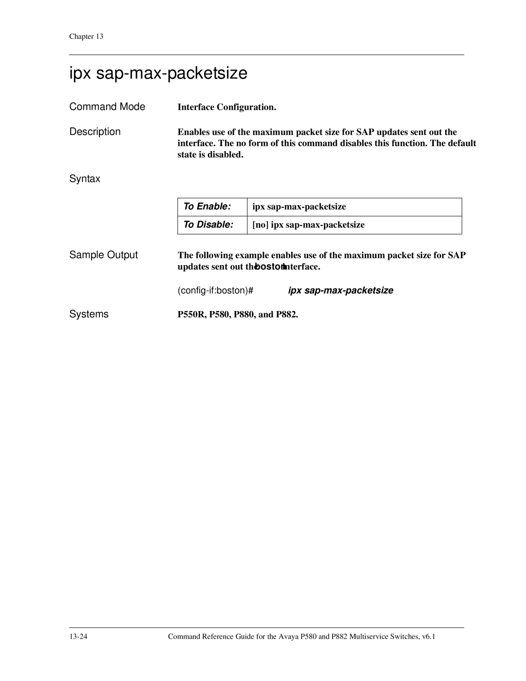 Avaya 106760804 manual Ipx sap-max-packetsize, Config-ifboston#ipx sap-max-packetsize 