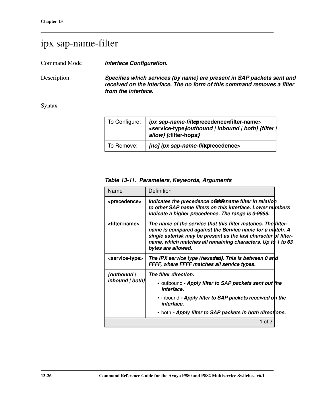 Avaya 106760804 manual Ipx sap-name-filter, To Remove 