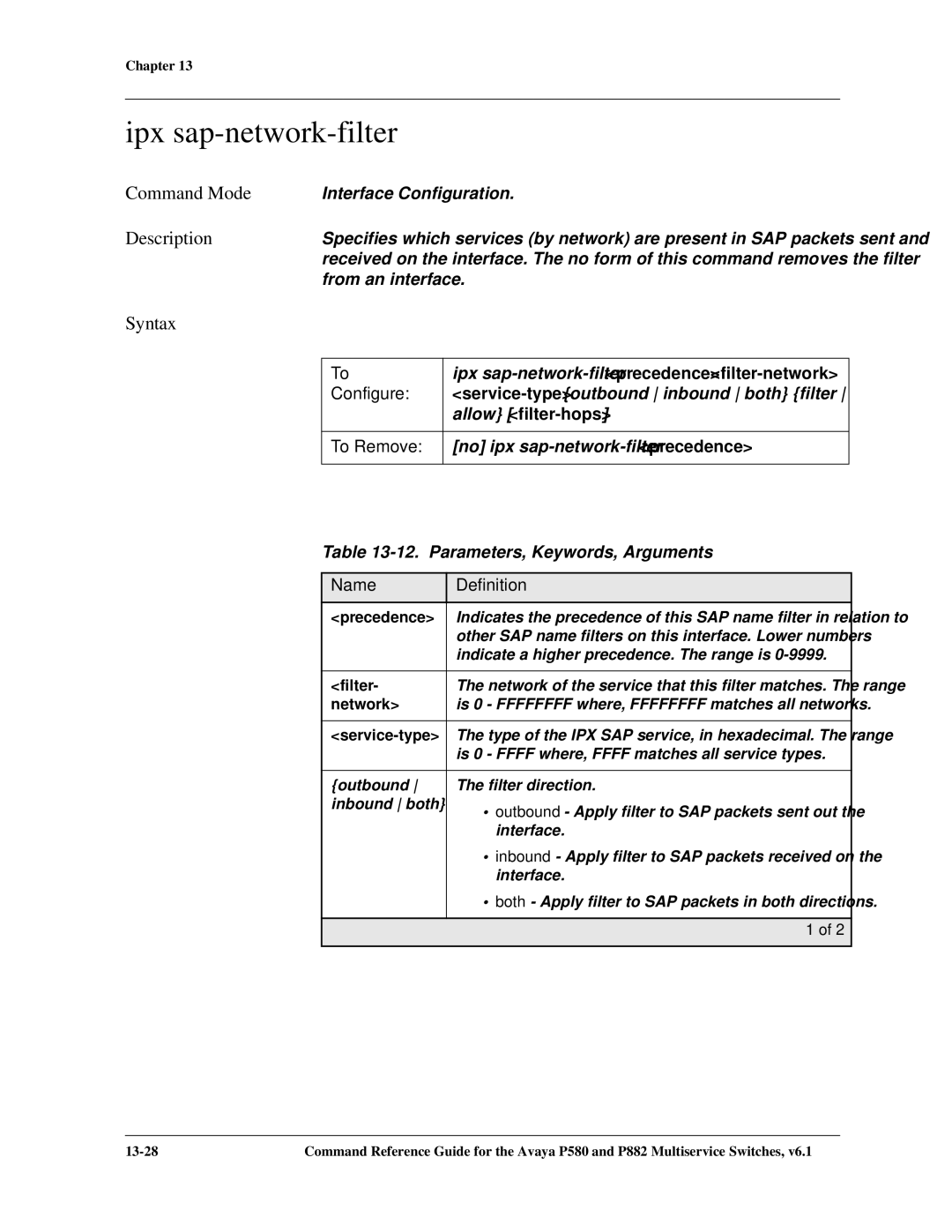 Avaya 106760804 manual Ipx sap-network-filter, Configure 