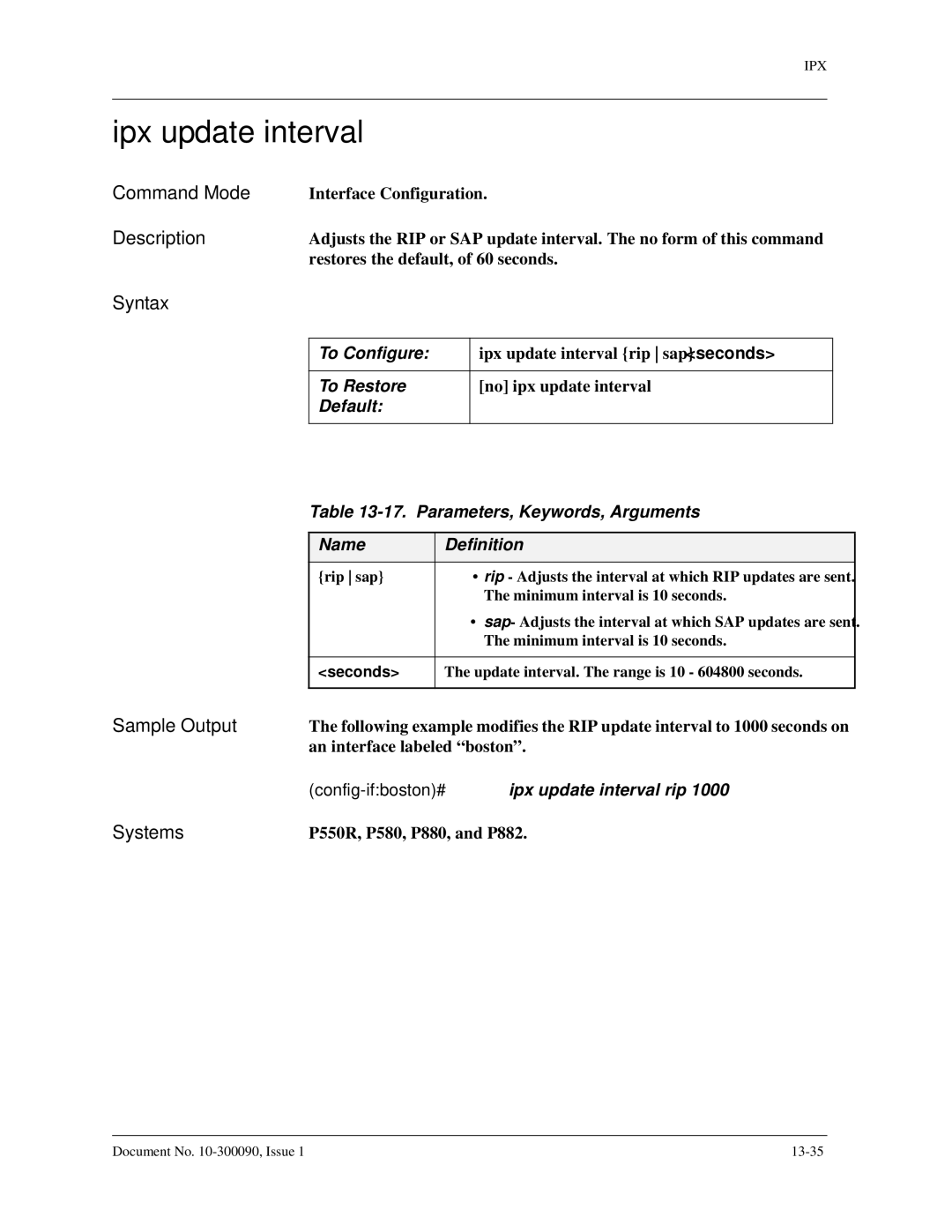 Avaya 106760804 manual Ipx update interval, Parameters, Keywords, Arguments 