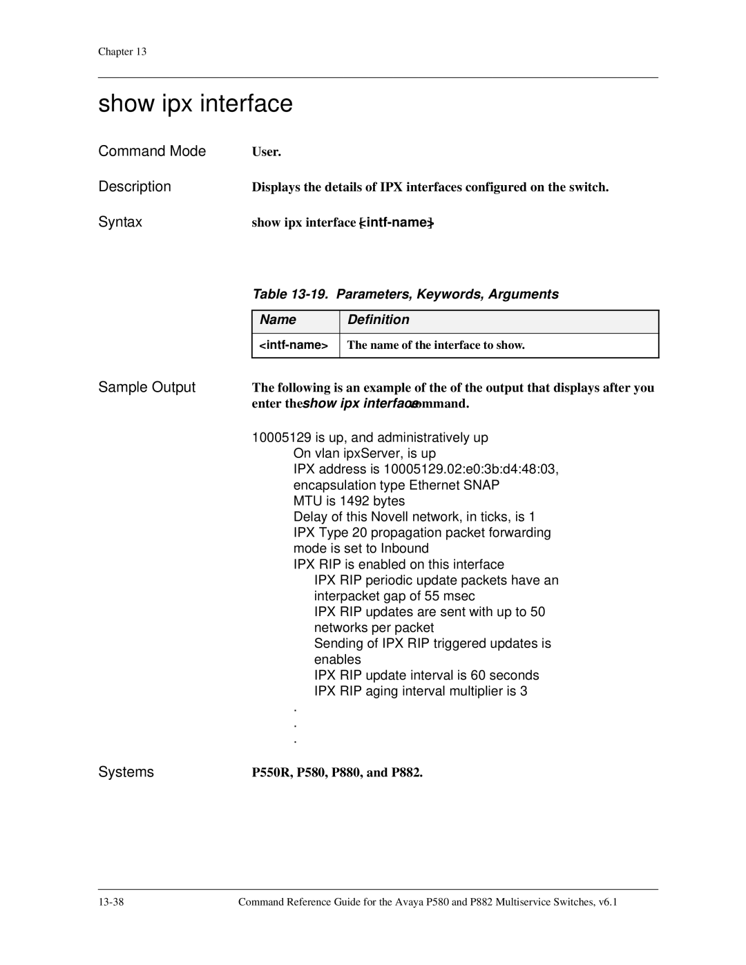 Avaya 106760804 manual Show ipx interface, Enter the show ipx interface command, Intf-name 