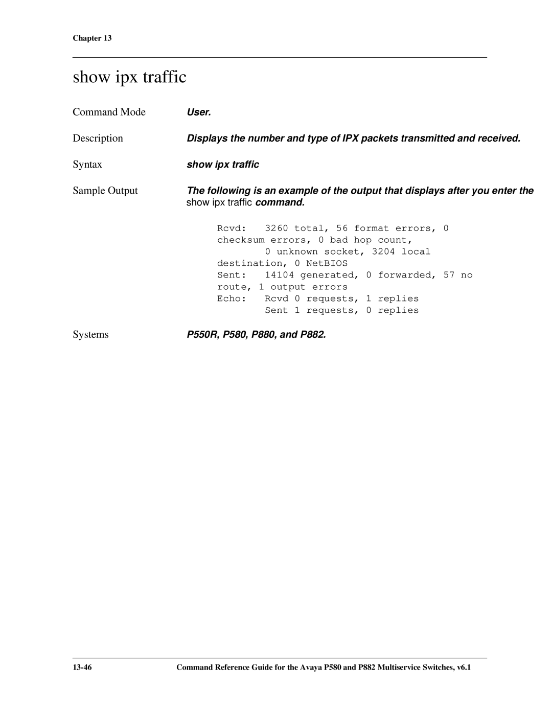 Avaya 106760804 manual Show ipx traffic command 