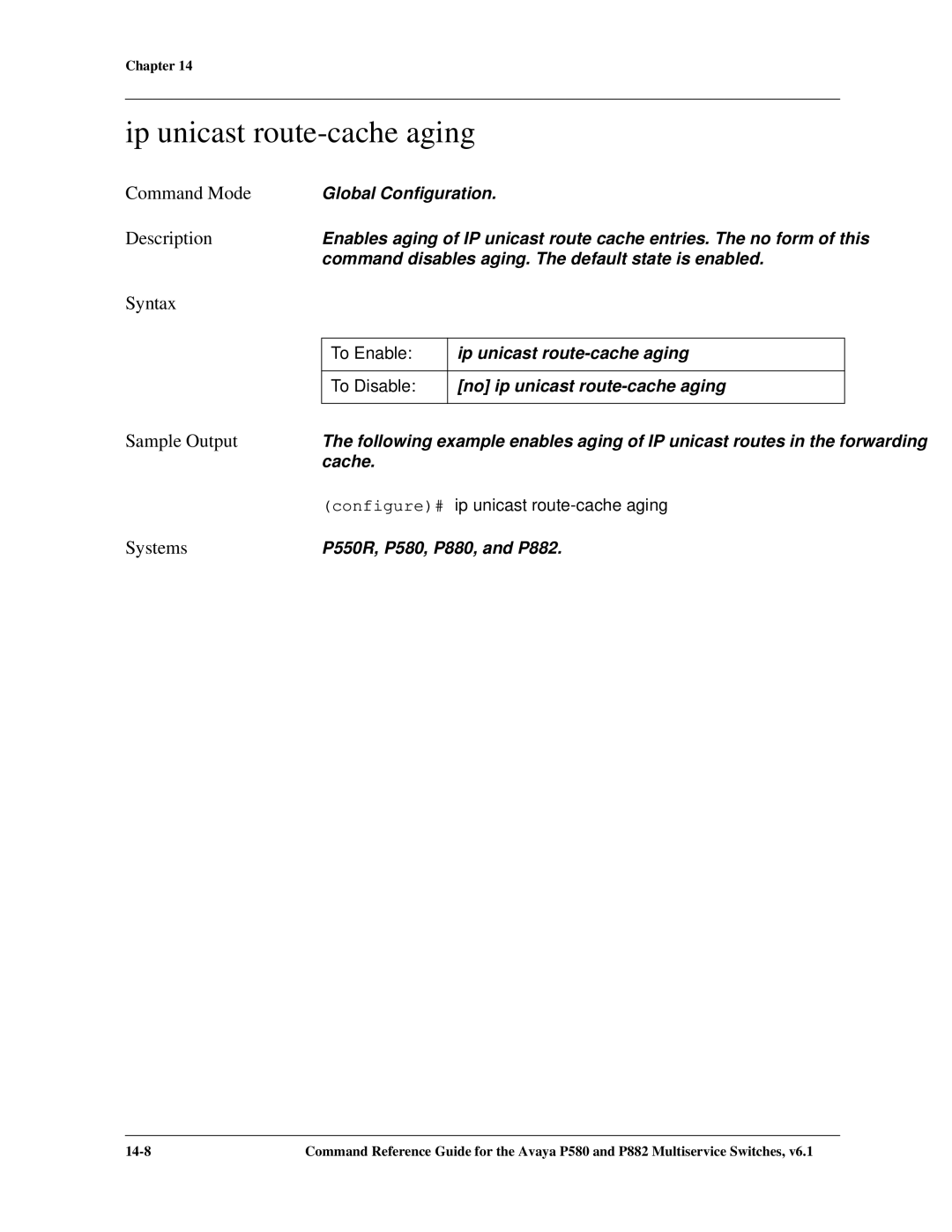 Avaya 106760804 manual Ip unicast route-cache aging, Configure# ip unicast route-cache aging 