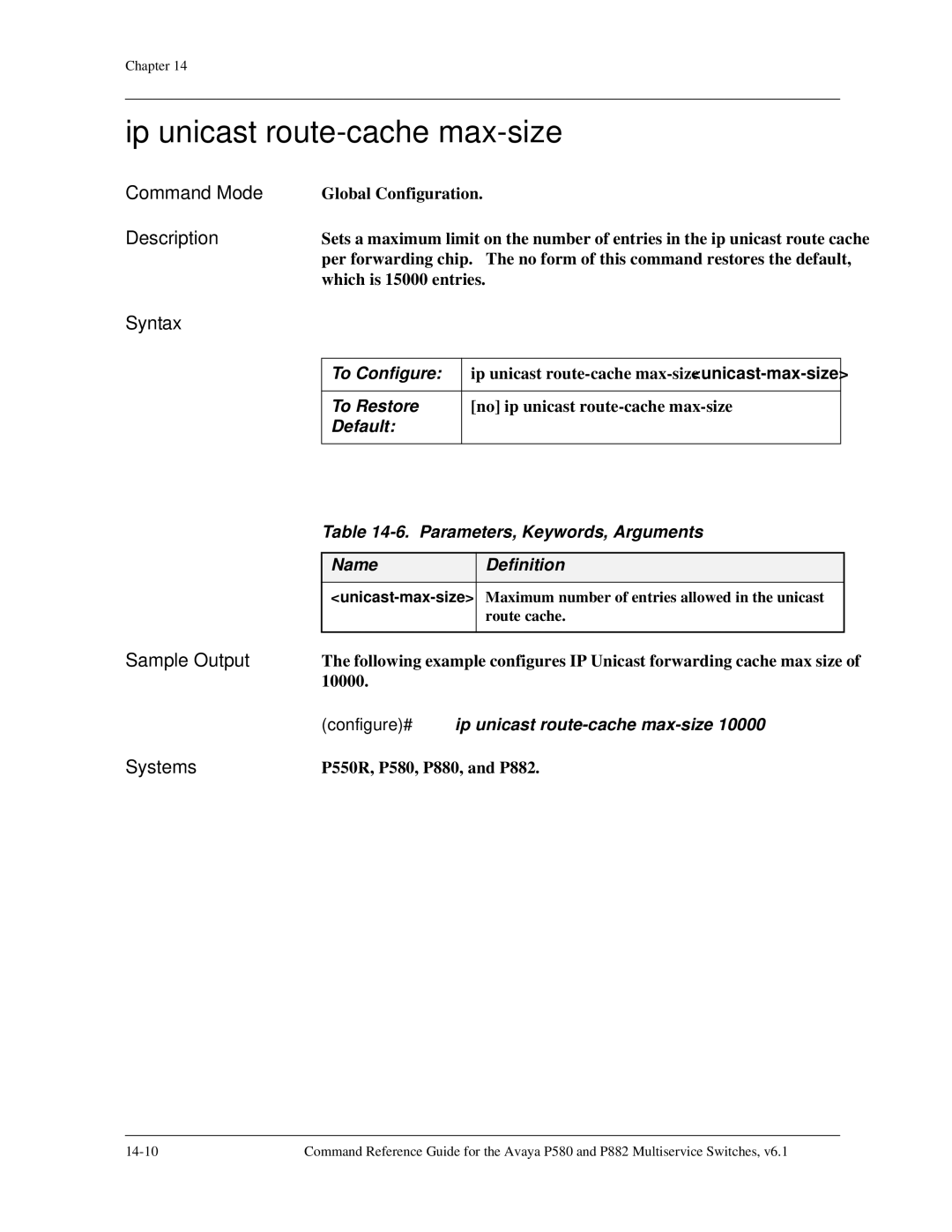 Avaya 106760804 manual Ip unicast route-cache max-size, Configure# ip unicast route-cache max-size 