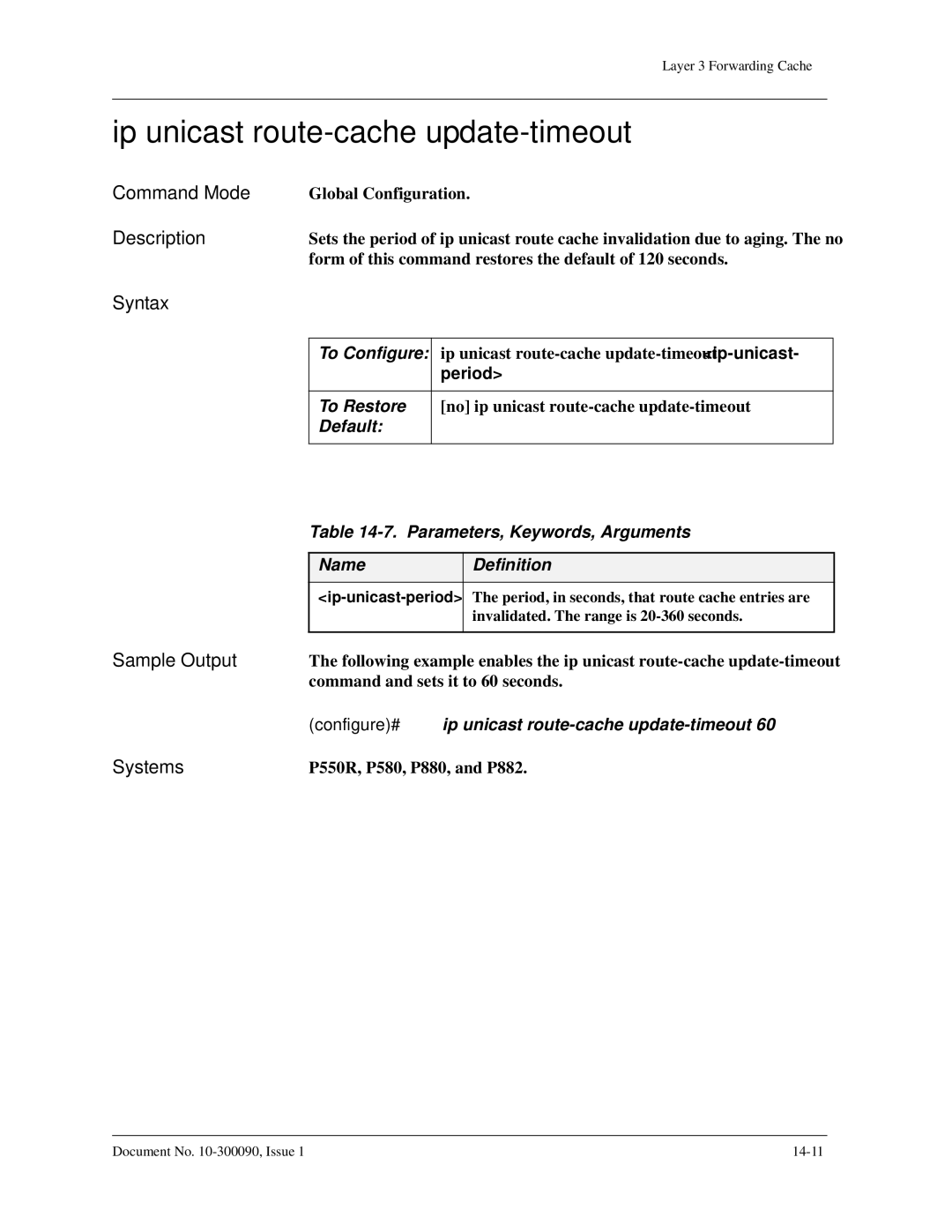 Avaya 106760804 manual Ip unicast route-cache update-timeout, Command and sets it to 60 seconds 