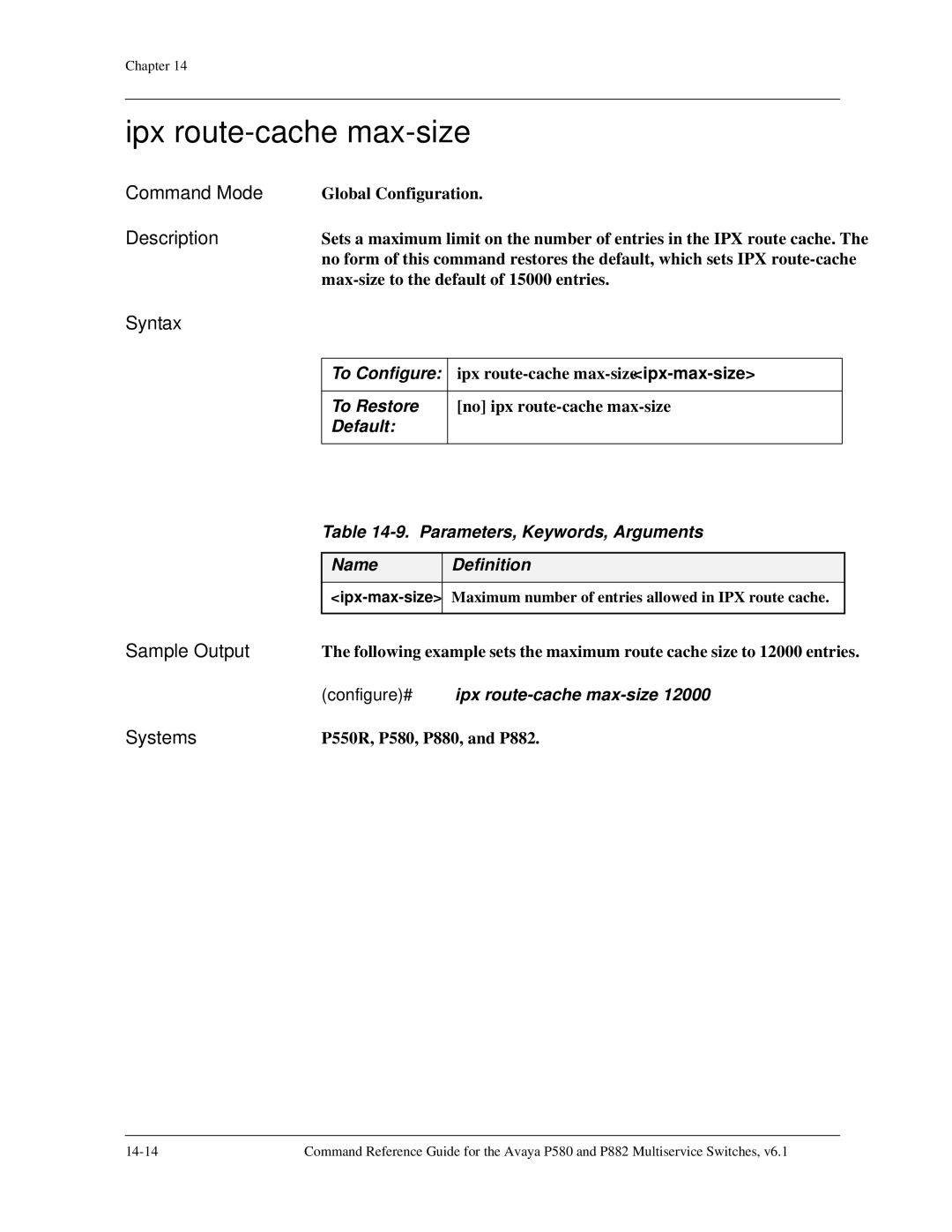 Avaya 106760804 manual Ipx route-cache max-size, Configure# ipx route-cache max-size 