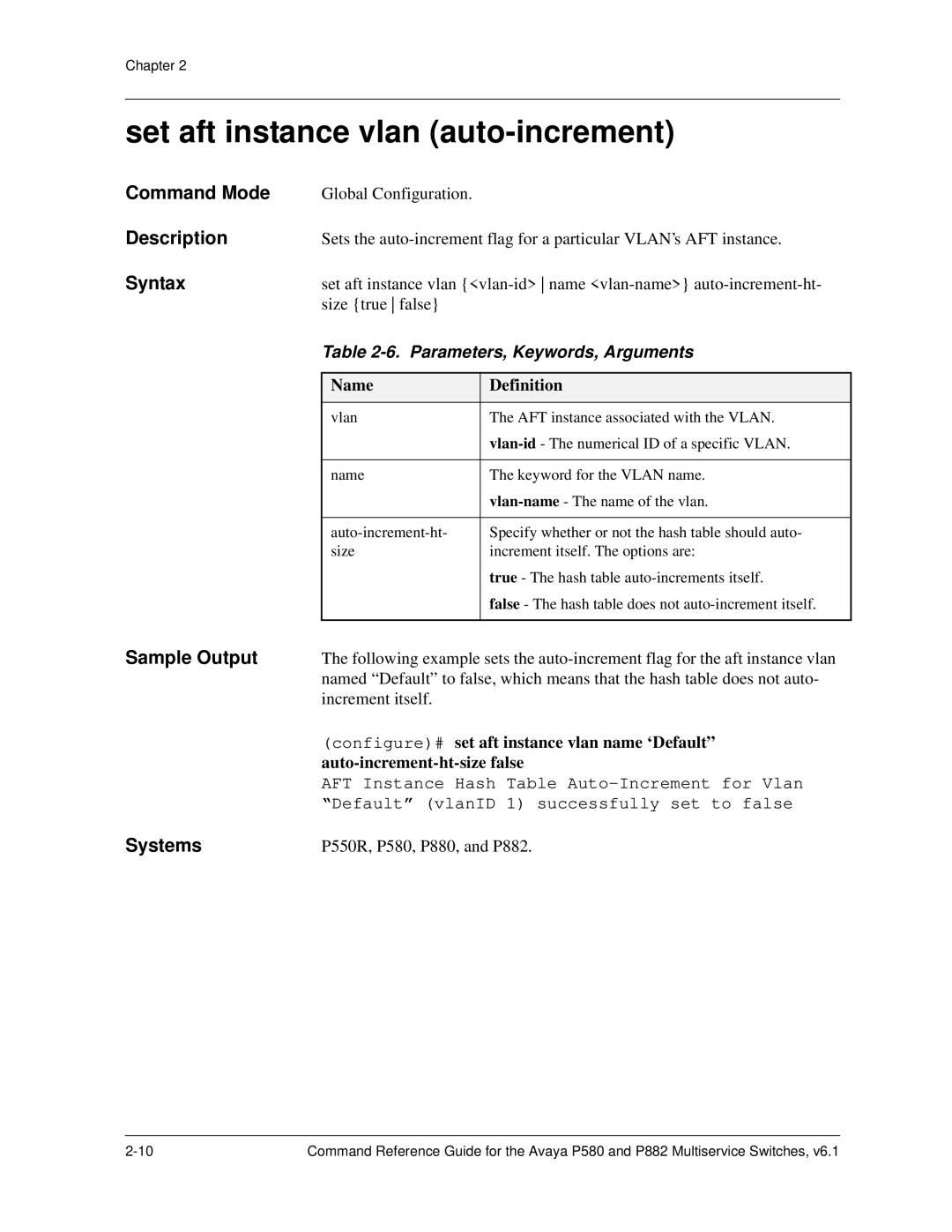 Avaya 106760804 manual Set aft instance vlan auto-increment, Parameters, Keywords, Arguments 