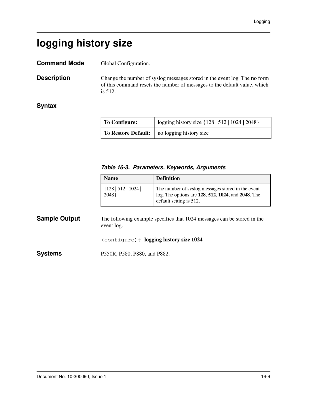 Avaya 106760804 manual Logging history size, Configure# logging history size 