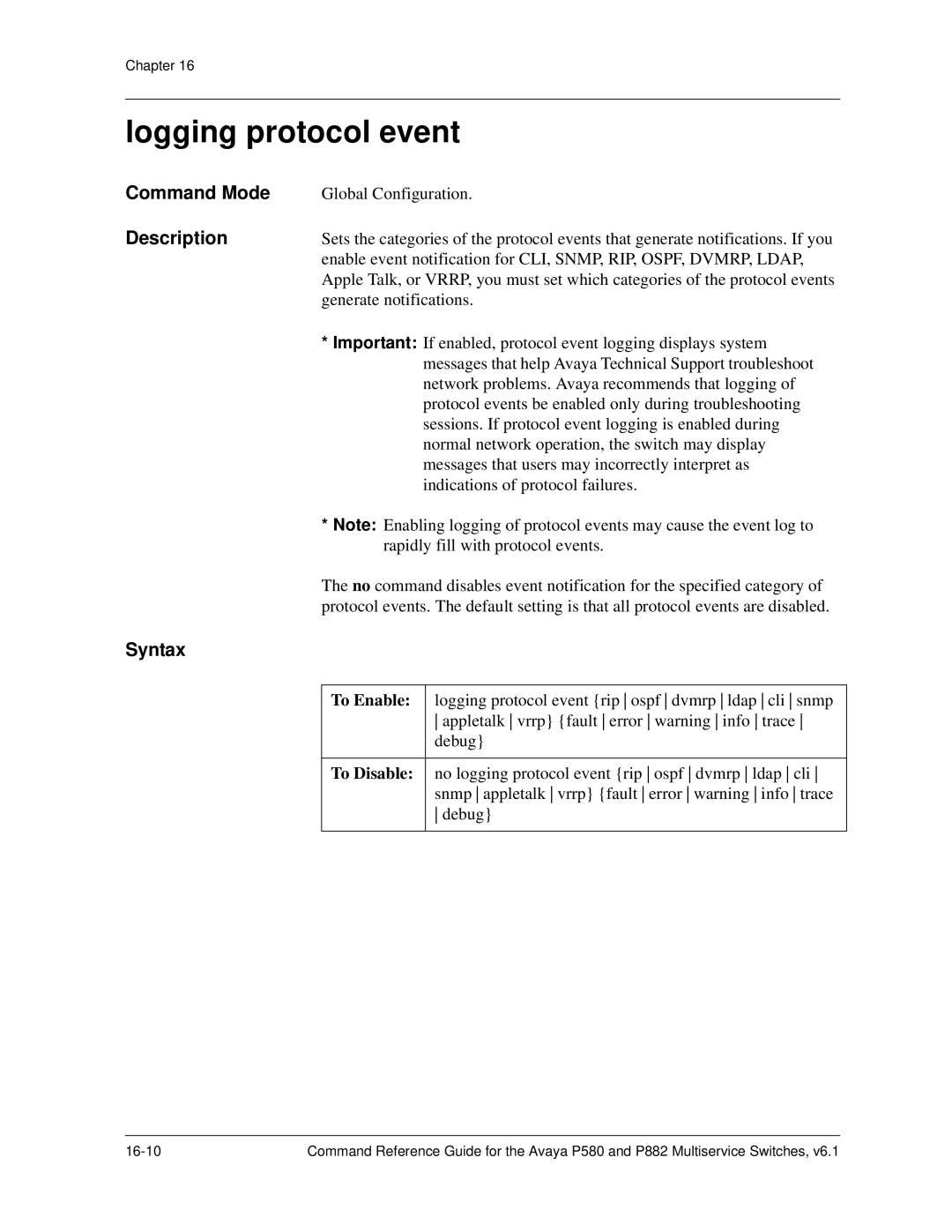 Avaya 106760804 manual Logging protocol event, To Enable 