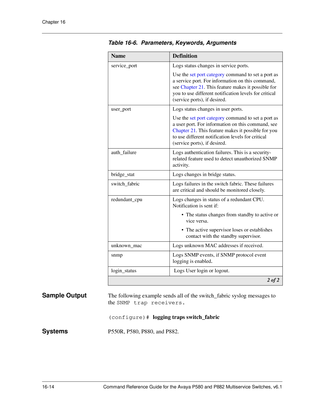 Avaya 106760804 manual Configure# logging traps switchfabric 