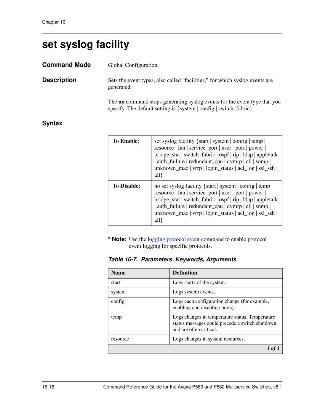 Avaya 106760804 manual Set syslog facility, Name 