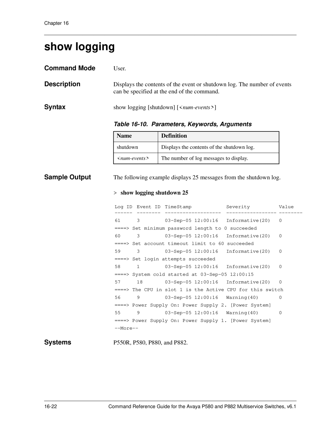 Avaya 106760804 manual Show logging shutdown, Num-events 