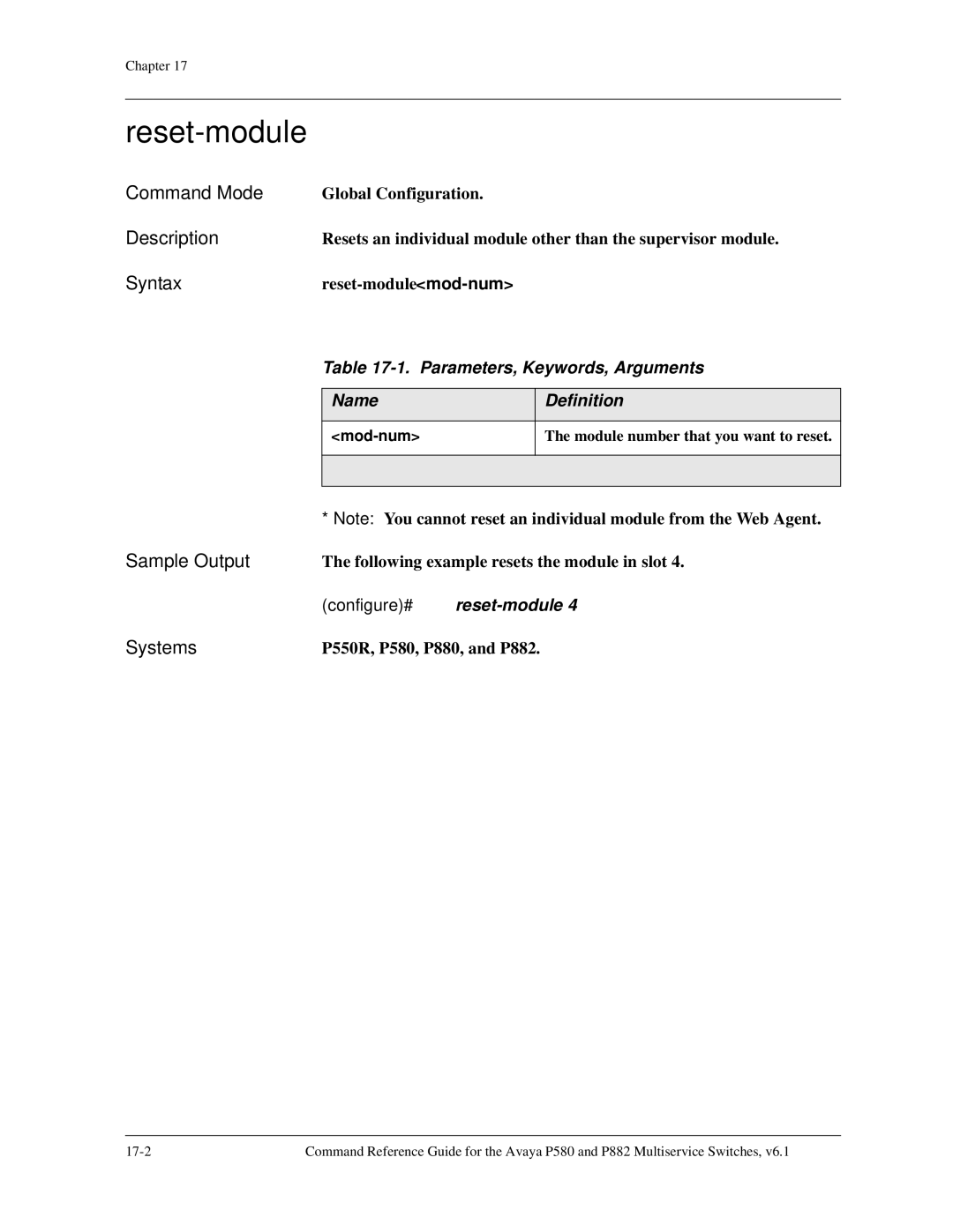 Avaya 106760804 manual Reset-module, Configure# reset-module, Mod-num 