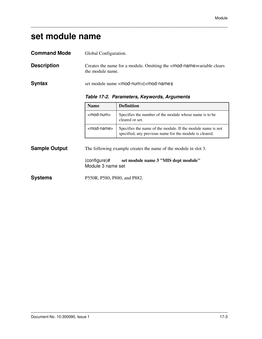 Avaya 106760804 manual Set module name, Configure# set module name 3 MIS dept module, Mod-name 