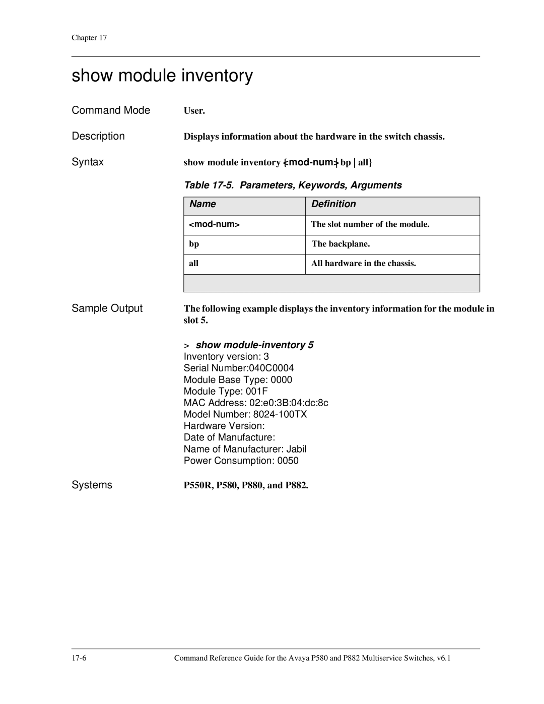 Avaya 106760804 manual Show module inventory, Show module-inventory 