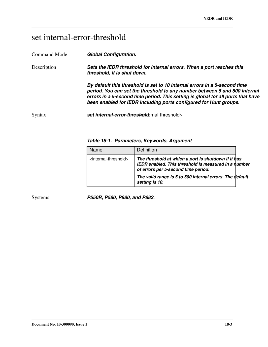 Avaya 106760804 manual Set internal-error-threshold, Parameters, Keywords, Argument 