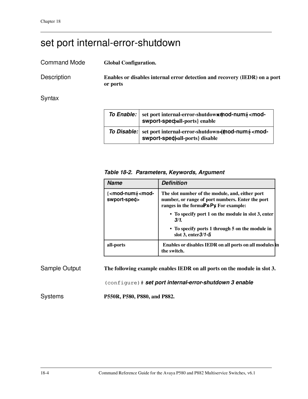 Avaya 106760804 manual Set port internal-error-shutdown, Configure# set port internal-error-shutdown 3 enable, Mod-num mod 