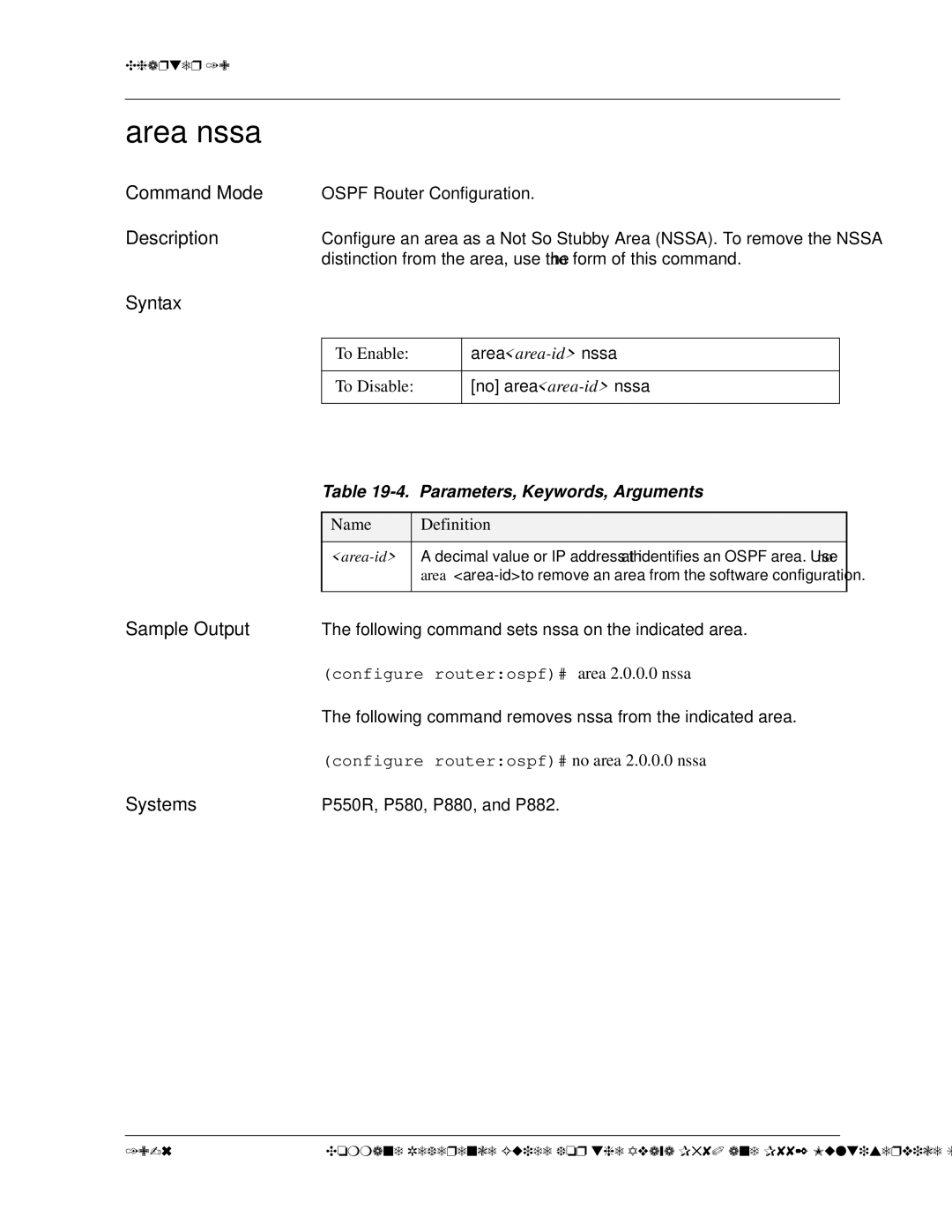 Avaya 106760804 manual Area nssa, Following command sets nssa on the indicated area 