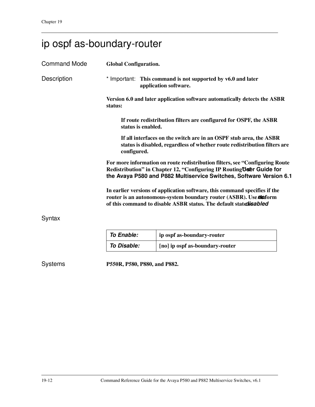 Avaya 106760804 manual Ip ospf as-boundary-router, To Enable 