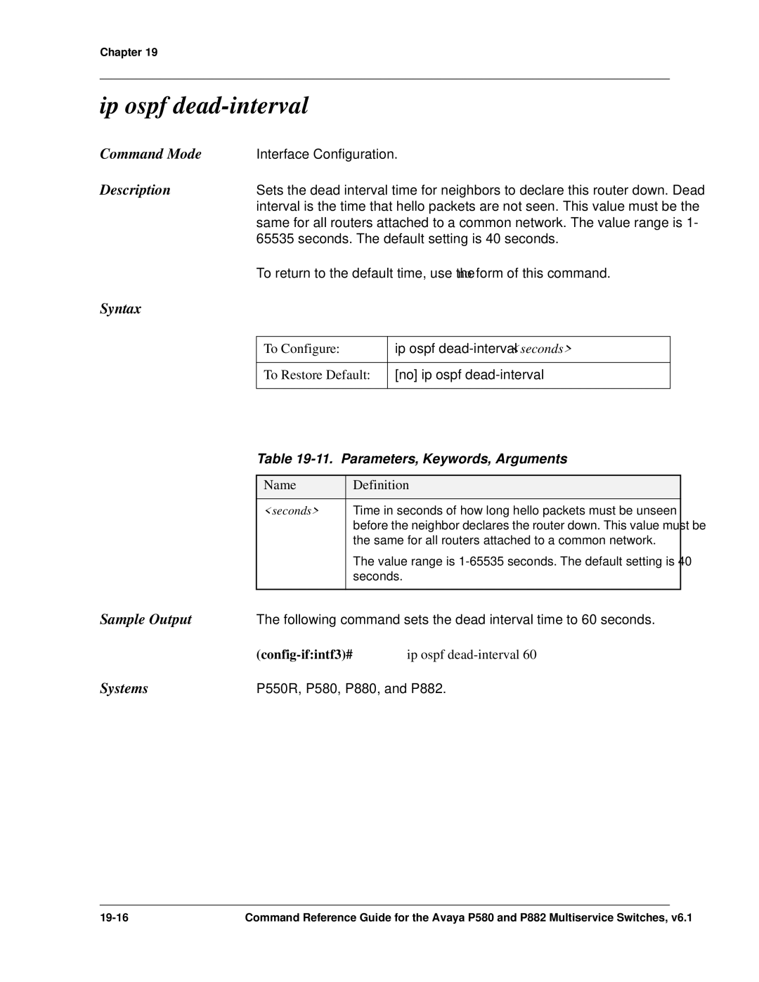 Avaya 106760804 manual Ip ospf dead-interval, Parameters, Keywords, Arguments 