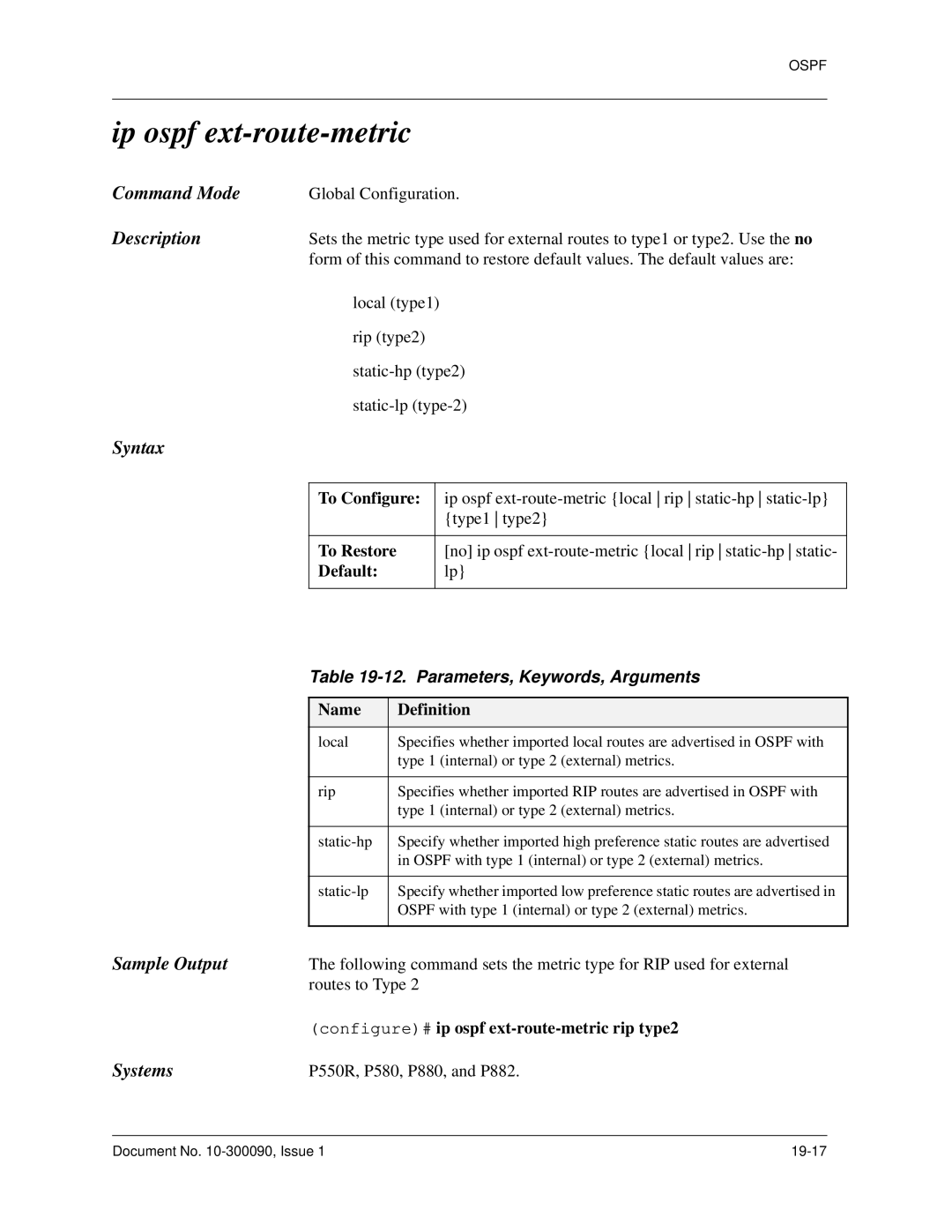 Avaya 106760804 manual Ip ospf ext-route-metric, Configure# ip ospf ext-route-metric rip type2 